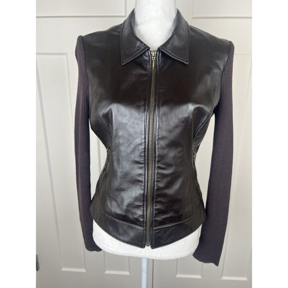 Vintage 80s CACHE Women's Genuine Deep Brown Leather Jacket Wool Ribbed Sleeves - Picture 1 of 9